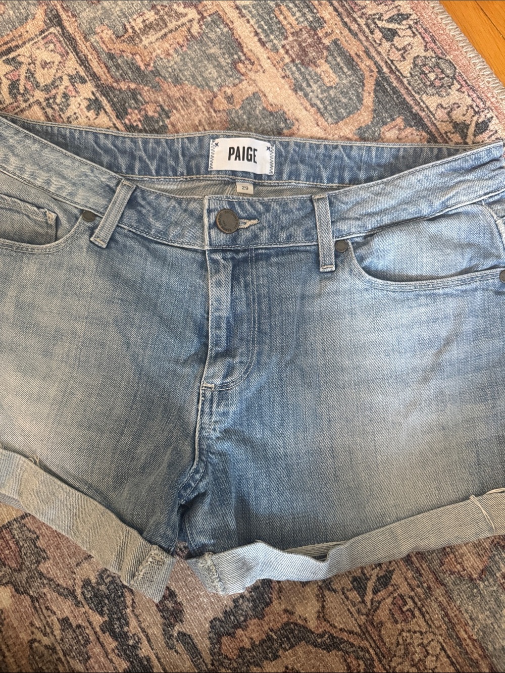 PAIGE Light Blue Rolled Hem Denim Shorts
